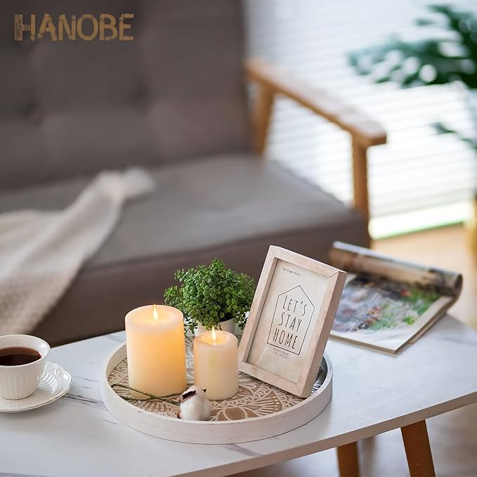 Hanobe Decorative Serving Tray Round: Farmhouse Coffee Table Decor Boho White Mandala Trays for Living Room Kitchen Centerpiece Display