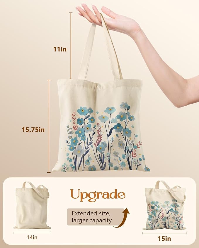 Canvas Tote Bag for Women – Aesthetic Canvas Bag with Zipper Cute Stylish Reusable Shoulder Totes for Shopping Work Daily Vacation, Blue Flowers