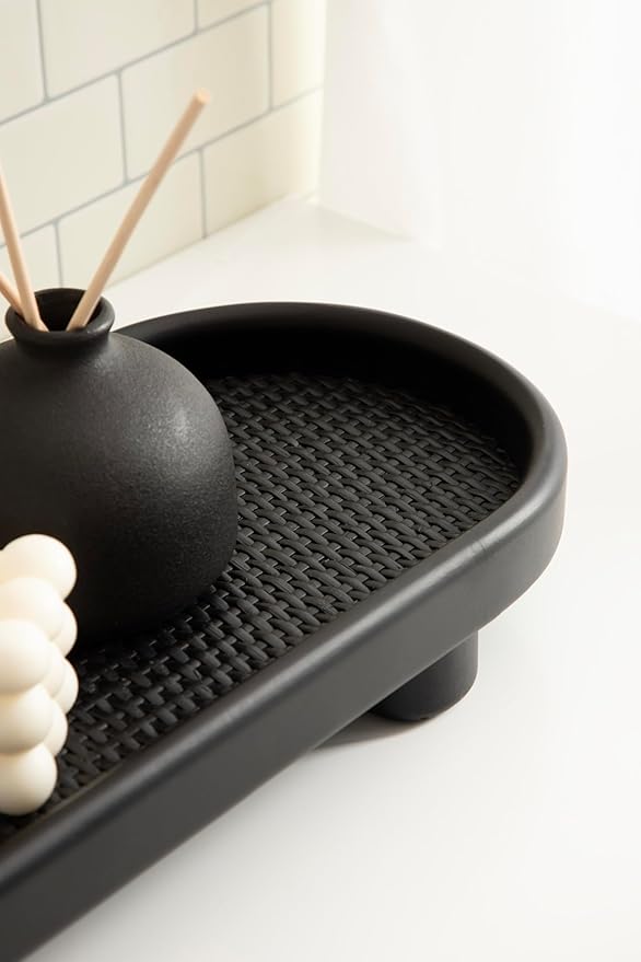 Kate and Laurel Planche Decorative Capsule Woven Tray with Solid Wood Frame, 27 x 8, Black, Modern Slim Wood Rectangle Serving Tray for Living Room