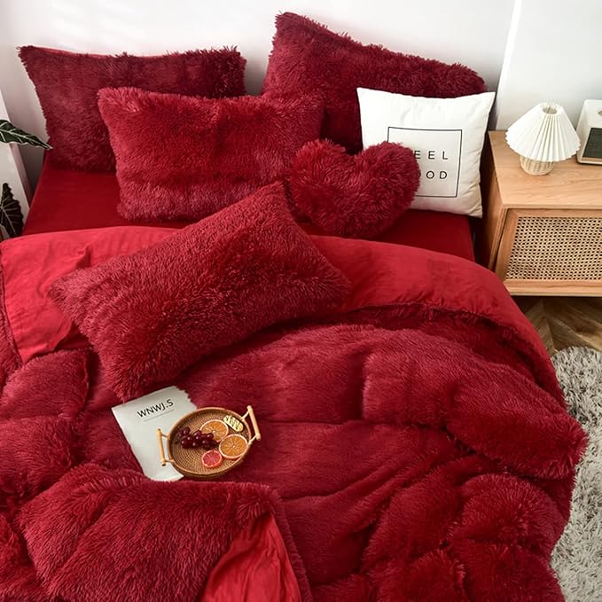 MorroMorn 5 PCS Shaggy Duvet Cover Bedding Set - Fluffy Comforter Cover Long Faux Fur Luxury Ultra Soft Cozy (Dark Red, Full/Queen)
