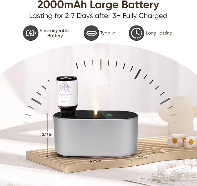 Waterless Diffuser for Essential Oil, Battery Operated Scent Air Aromatherapy Diffuser, Mini Aroma Diffusers with 3 Intermittent Mist Modes, Cycle Start for Home Office Bedroom - Silver