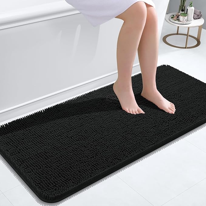 OLANLY Bathroom Rugs 47x20, Extra Soft Absorbent Chenille Bath Rugs, Rubber Backing Quick Dry, Machine Washable Bath Mats for Bathroom Floor, Tub and Shower, Home Decor Accessories, Black