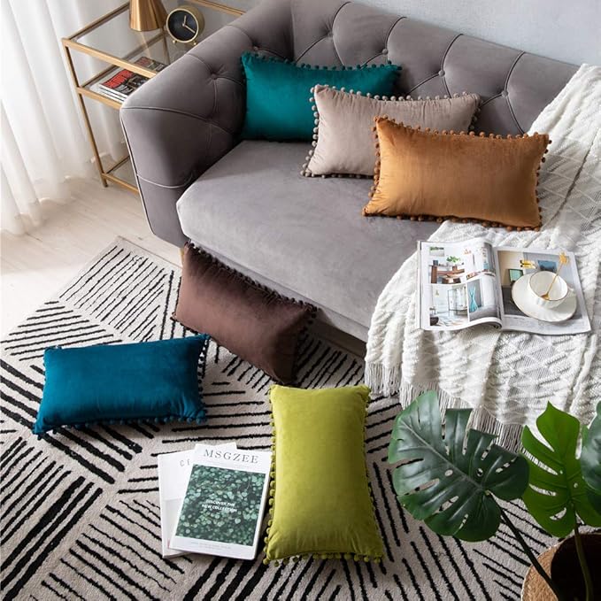 DEZENE Couch Pillow Cases 12x20 Chartreuse: 2 Pack Cozy Soft Pom-poms Velvet Rectangular Throw Pillow Covers for Farmhouse Home Decor