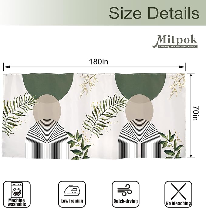 Extra Wide Boho Shower Curtain 180Wx70H Wrap Around Clawfoot Tub Curtain Sage Green Modern Bohemian Abstract Gold Leaves Mid Century Bathroom Decor Minimalist Bath Fabric Polyester 32 Pack Hook