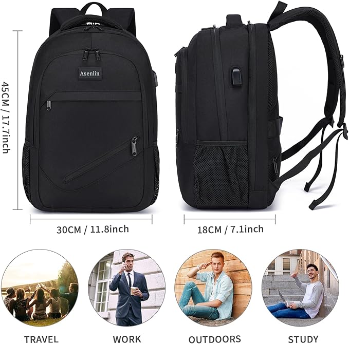Asenlin Travel Laptop Backpack for Women & Men,Water Resistant Business Slim Sturdy Laptops Backpack with USB Charging Port,Fits 17.3 Inch Notebook College School Computer Bag-Black