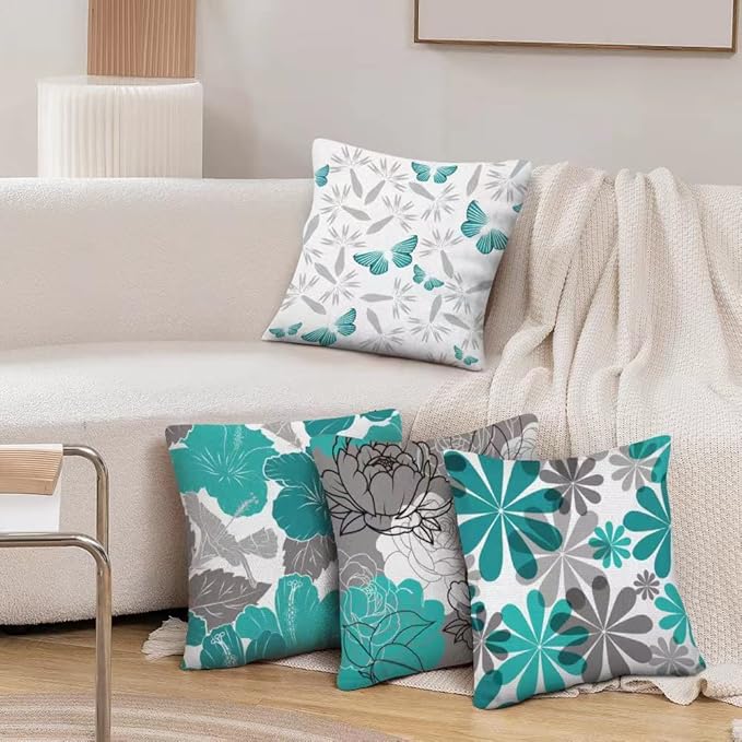 COMMINY Teal Grey Pillow Covers 16x16 Set of 6 Decorative Daisy Flower Throw Pillow Cover for Couch Modern Turquoise Pillow Case for Patio Living Room Cushion Bed Farmhouse Home Decor