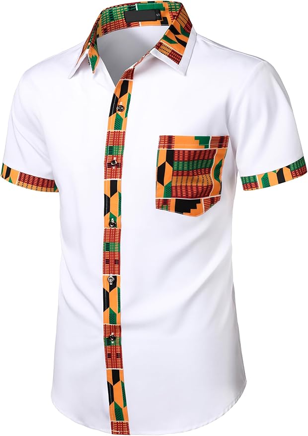 ZEROYAA Men's African Printed Patchwork Design Short Sleeve Button up Shirt