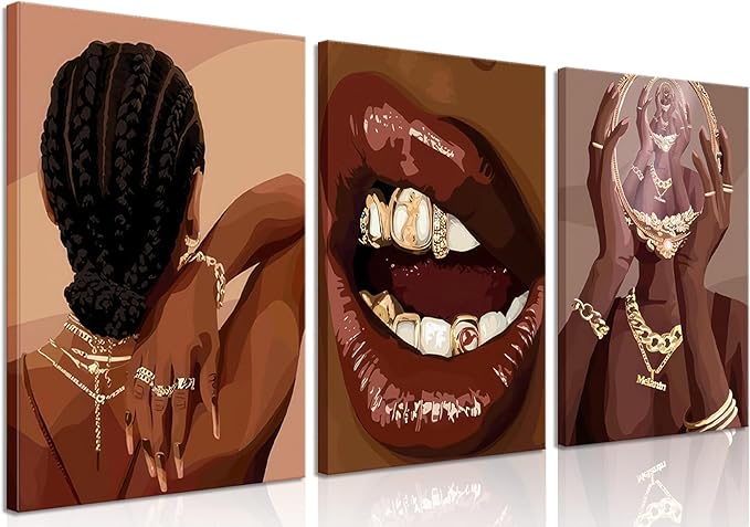 ANVOTIG Framed Black Woman Wall Art Set of 3 Black Girl African Women Canvas Wall Decor American Black Female Pictures Boho Fashion Abstract Posters for Home BedRoom Living Room Bathroom16x24in