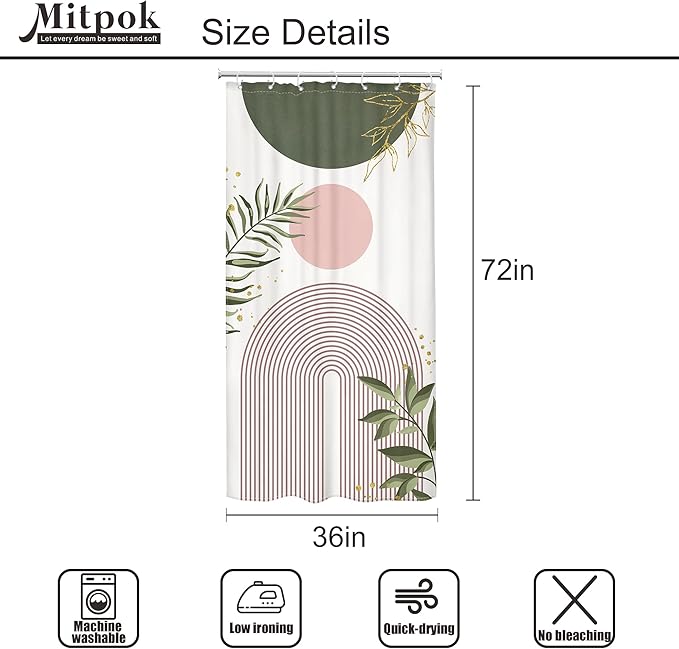 Small Stall Boho Shower Curtain 36Wx72H RV Green Pink Modern Mid Century Abstract Leaves Plant Minimalist Geometric Bathroom Decor Half Narrow Standing Bath Curtain Fabric Polyester 7 Pack Hook