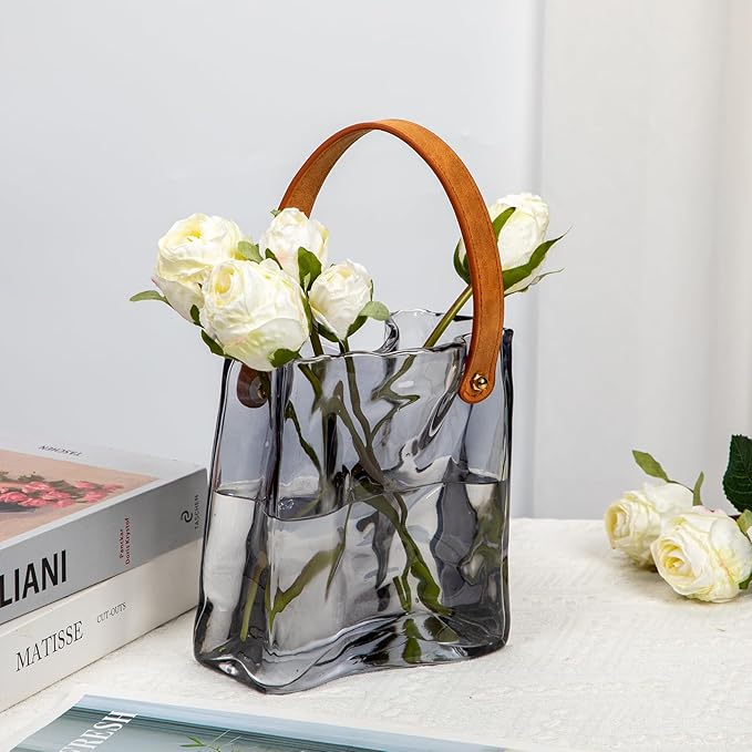 Glass Purse Vase for Flowers Black Vases for Centerpieces Glass Bag Vase with Leather Handle Small Bag Vases for Decor Decorative Fish Bowl for Home Wedding Decor