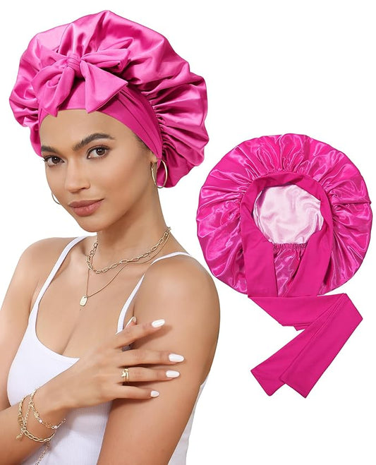 Satin Bonnet Silk Bonnet for Sleeping Silk Sleep Cap Double Layer Hair Bonnet with Elastic Tie Band for Curly Hair Night Cap (Rose red + Skin Powder)