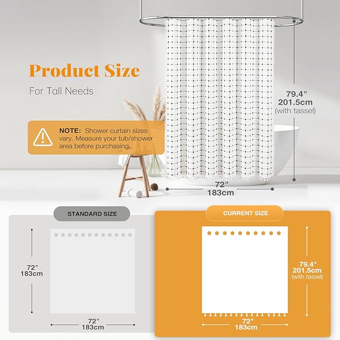 BTTN 78 Inch Long Shower Curtain - 72x78 Boho Farmhouse Linen Ultra Fabric Shower Curtain Set with Plastic Hooks, Tall Rv Rustic Country Weighted Cloth Shower Curtains for Bathroom - White and Black