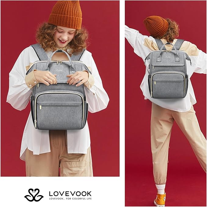 LOVEVOOK Laptop Backpack for Women,15.6 Inch Professional Womens Travel Backpack Purse Computer Laptop Bag Nurse Teacher Backpack,Waterproof College Work Bags Carry on Back Pack with USB Port,Grey