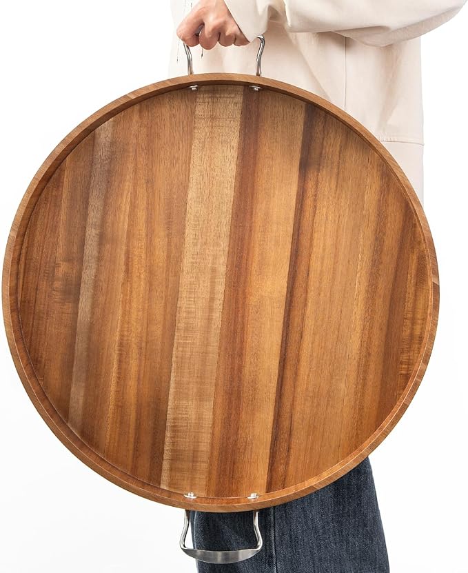 Ottoman Tray with Handles, 20 Inch Round Ottoman Tray Large Trays for Ottomans Wooden Serving Tray Decorative Trays for Living Room, Party, Breakfast, Drinks, Snacks, Appetizers