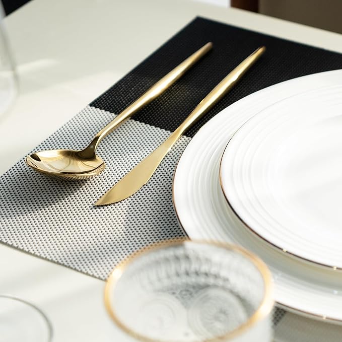 Placemats Set of 8 Vinyl/Plastic Woven Place Mats for Kitchen Table Indoor/Outdoor Washable Placemat Wipeable Dining Table Mats (Grey Grid,8)