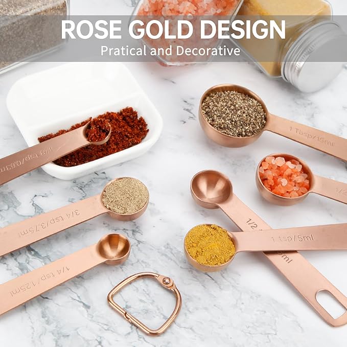 Measuring Spoons,SUS304 Stainless Steel Measuring Cups Set of 7 Piece: 1Tbsp,1/2Tbsp,1tsp,3/4tsp,1/2tsp,1/4tsp,1/8tsp Teaspoon Coffee Scoop Tablespoon for Dry and Liquid Ingredients,Rose Gold