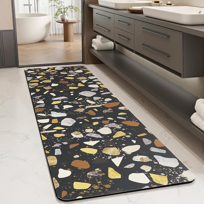 MontVoo -Bath Mat-Non Slip Thin Bathroom Rugs Fit Under Door- Quick Dry Absorbent Faux Suede Surface Grey Bathroom Floor Mats-Shower Rug for in Front of Bathtub Shower Black & Multi Color 24X70