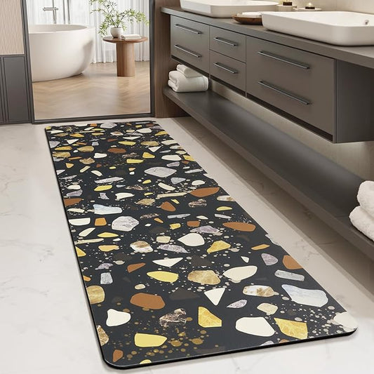 MontVoo -Bath Mat-Non Slip Thin Bathroom Rugs Fit Under Door- Quick Dry Absorbent Faux Suede Surface Grey Bathroom Floor Mats-Shower Rug for in Front of Bathtub Shower Black & Multi Color 24X70