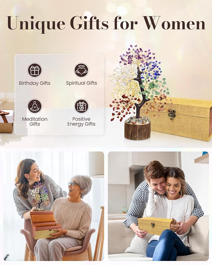 7 Chakra Crystal Tree of Life - Unique Birthday Gifts for Women, Healing Crystal Trees for Home Decor, Office Desk Decor, Positive Energy Spiritual Crystals and Healing Stones, Thumb Worry Stone