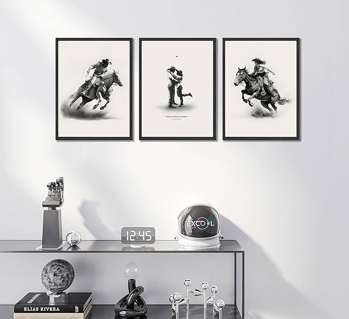 3 Pcs Western Cowboy Wall Canvas Art Simple Romantic Cowboy Couple Posters prints Paintings Western Eclectic Wall Decor Pictures for Living room and bedroom home Decor Unframed