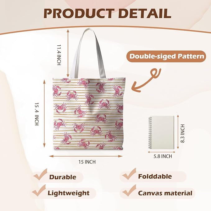 Beach Crab Tote Bag, Summer CrabsTote Bag for Women, Summer Crab Reusable Grocery Bags Shopping Bags