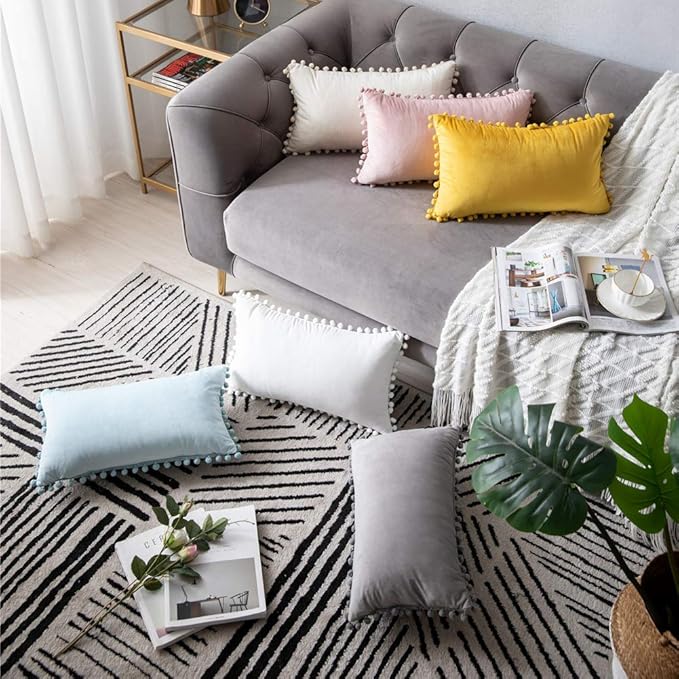 DEZENE Decorative Pillow Cases 12x20 Light-Grey: 2 Pack Cozy Soft Pom-poms Velvet Rectangular Throw Pillow Covers for Farmhouse Home Decor