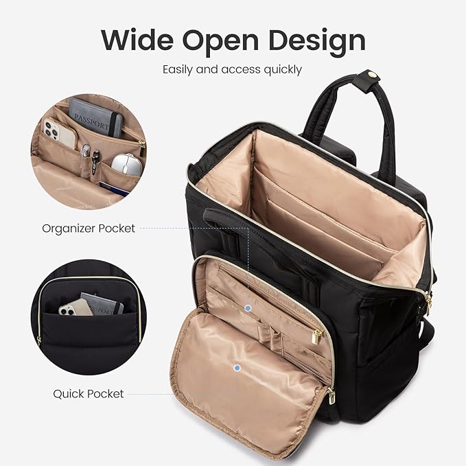 LOVEVOOK Laptop Backpack Women 18 inch,Lightweight Puffer Travel Backpacks for Women,Quilted Laptop Bag Computer Work Teacher Nurse Backpack,Womens Backpack Purse Daypack for College Business,Black