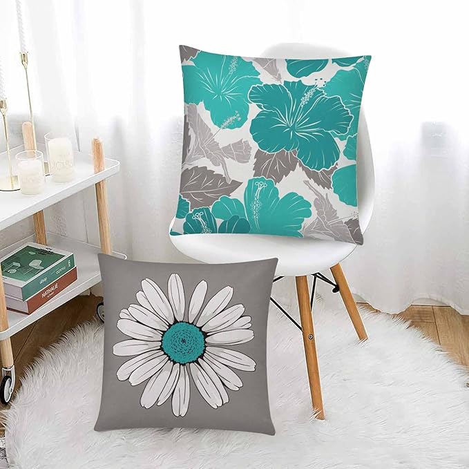 COMMINY Teal Grey Pillow Covers 18x18 Set of 6 Decorative Daisy Flower Throw Pillow Cover for Couch Modern Turquoise Pillow Case for Patio Living Room Cushion Bed Farmhouse Home Decor