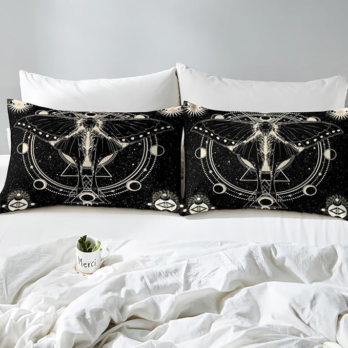 Castle Fairy Death Moth Bedding Set Queen Size,Stars and Moon Phase Space Duvet Cover Set for Children Bedroom Present, Abstract Exotic Aesthetic Microfiber Comforter Cover with 2 Pillowcases
