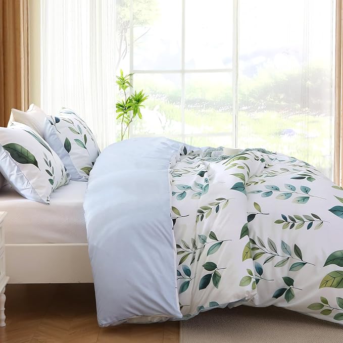Duvet Cover King Size, Reversible Floral Vintage Duvet Cover Set with Zipper Closure, 3 Pieces Botanical Patterns Soft Microfiber Bedding Set (90"x104", 2 Pillow Cases 20"×36", Green Foliage White)