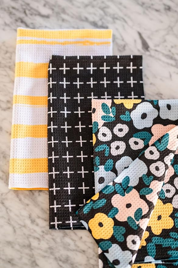|| 3 Pack|| Double Sided || Not Your Ordinary Dish Towels || Waffle Weave Microfiber || Highly Absorbent || Hanging Loop || Dish Cloths || Modern || Designer Prints|| Black and Yellow