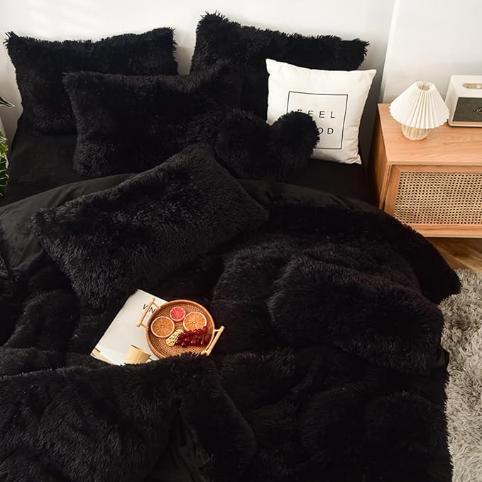 MorroMorn 5 PCS Shaggy Duvet Cover Bedding Set - Fluffy Comforter Cover Long Faux Fur Luxury Ultra Soft Cozy (Black, King/California King)