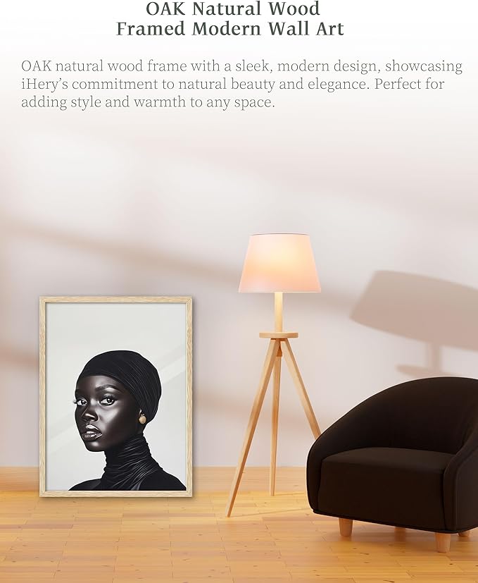 iHery Natural OAK Wood Fashion Black Girl Framed Wall Art, 12x16 in Black and White Modern Hijabi Canvas Wall Decor, Trendy Afro Art Bedroom Decor, Set of 1 For Bathroom Living Room