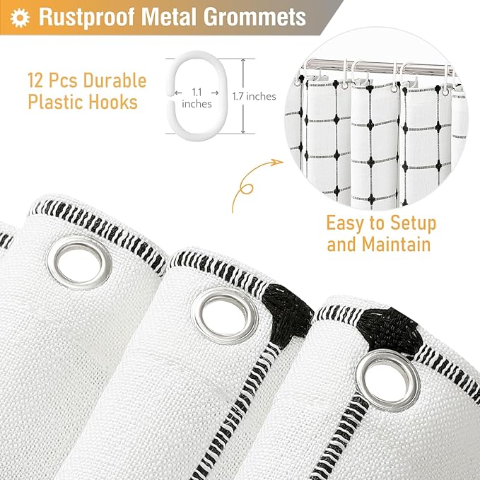 BTTN White and Black Boho Shower Curtain - Linen Rustic Farmhouse Heavy Duty Fabric Shower Curtain Set with Tassel, Water Repellent, Bohemian Vintage Country Cloth Shower Curtains for Bathroom, 72x72