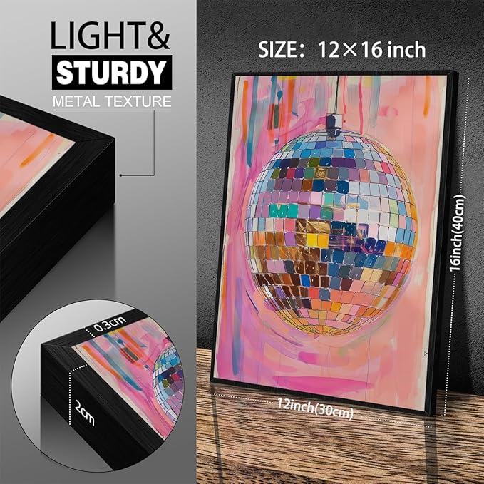 Sufeasdf Retro Modern Disco Ball Poster, 16.2" x 12.2", Aluminum Frame, Wrapped and Framed, Wall Mount, Smooth Finish, Indoor Use, Living Room, Bedroom, Office