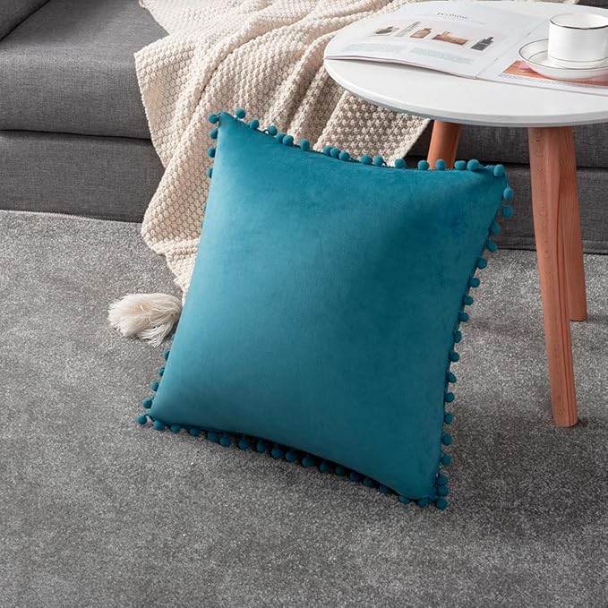 DEZENE Throw Pillow Cases 20x20 Turquoise: 2 Pack Cozy Soft Pom-poms Velvet Square Decorative Pillow Covers for Farmhouse Home Decor