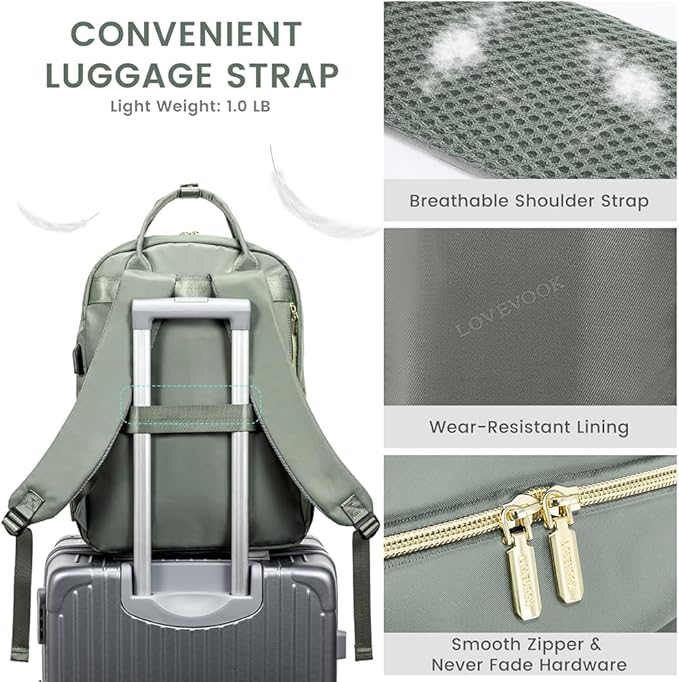 LOVEVOOK Laptop Backpack for Women, Water Resistant Travel Work Backpacks Purse Stylish Business Teacher Nurse Computer Bag with USB Charging Port,Gray-Green