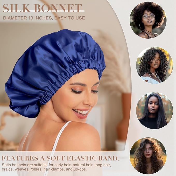 Satin Bonnet Silk Bonnet Hair Bonnet for Sleeping-Slouchy Beanie Hat Satin Sleep Cap for Women's Natural & Curly Hair(Navy)
