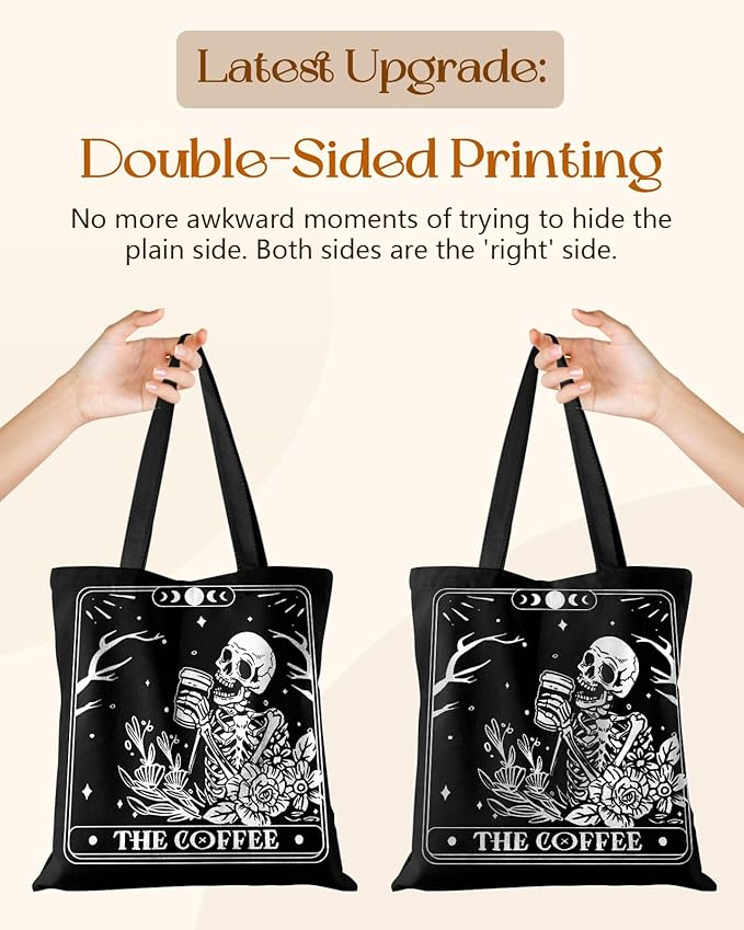 Canvas Tote Bag for Women – Aesthetic Canvas Bag with Zipper Cute Stylish Reusable Shoulder Totes for Shopping Work Daily Vacation, Coffee Skull