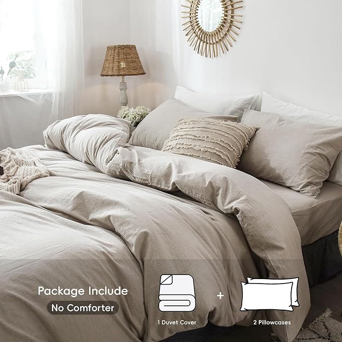 MooMee Bedding Duvet Cover Set 100% Washed Cotton Linen Like Textured Breathable Durable Soft Comfy (Heathered Tannish Linen Grey, Oversized King Plus 128"x120")