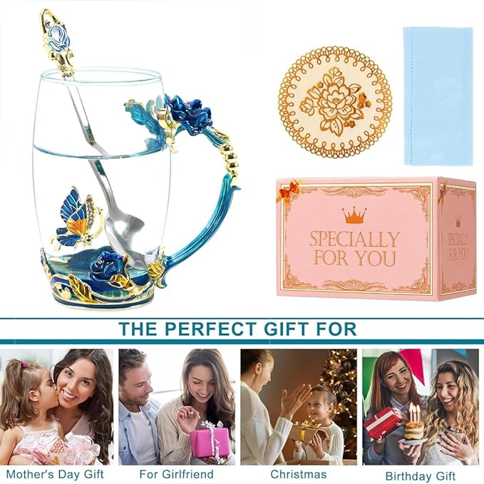 Birthday Gifts For Women,Butterfly Flower Glass Tea Cup Sky Blue Rose Coffee Mug For Women Mom Wife Sister Coworker Female Friend on Anniversary Christmas Mothers day Presents