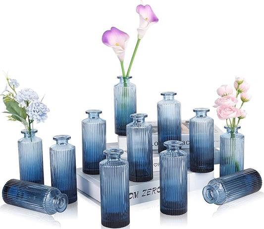 Navy Blue Glass Bud Vases Set of 12, Mini Ribbed Flower Vase for Centerpieces, Small Glass Vases in Bulk for Wedding Decorations, Vintage Vase for Table, Recepetion, Graduation, Home Décor