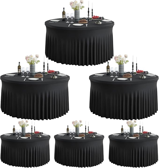 Outpain 6 Pack Black Round Spandex Tablecloth for 48Inch/4FT Tables - Stretchy Table Cloth with Skirt, Wrinkle-Free Fitted Cloth for Wedding Vendor, Banquet & Graduation Decor (108" Round)