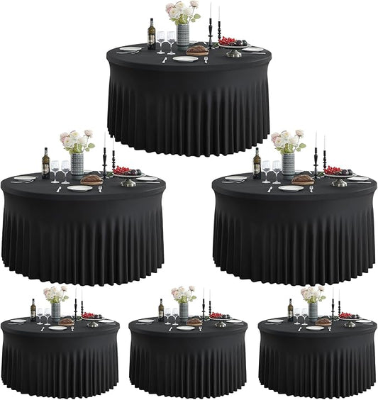 Outpain 6 Pack Black Round Spandex Tablecloth for 48Inch/4FT Tables - Stretchy Table Cloth with Skirt, Wrinkle-Free Fitted Cloth for Wedding Vendor, Banquet & Graduation Decor (108" Round)