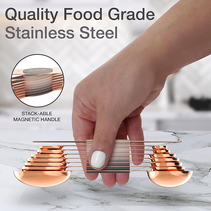 Magnetic Measuring Spoons Set - Stainless Steel, Double Ended, Stackable & Nested Design for Dry and Liquid Ingredients, Ideal for Spice Jars, 8-Piece Set with Leveler (Rose Gold)