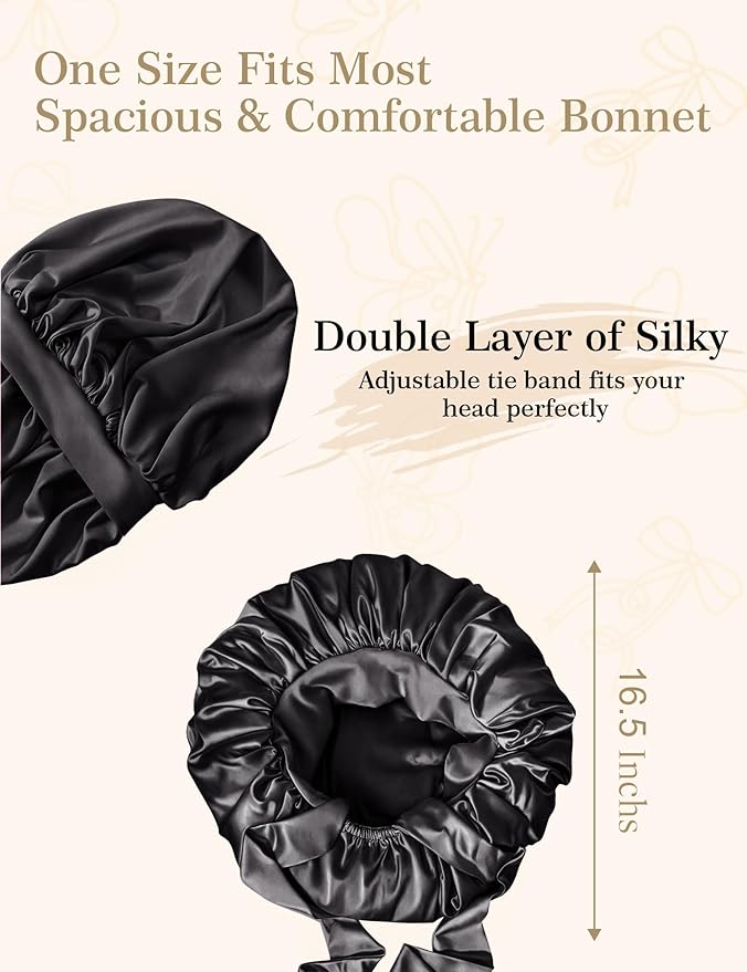 Silk Satin Bonnet Hair Wrap for Sleeping Women, Adjustable Tie Band Double Layer Sleep Night Head Cover for Curly Braid Fine