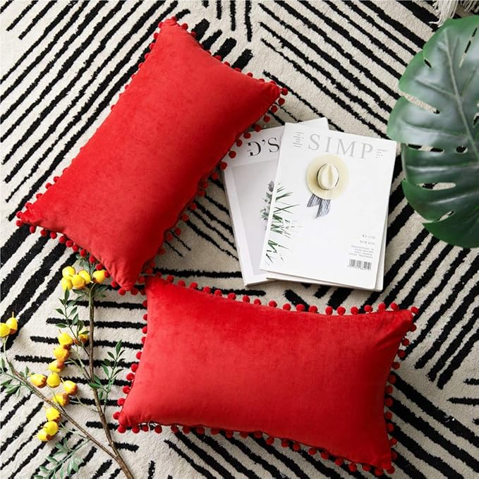 DEZENE Throw Pillow Covers 12x20 Red: 2 Pack Cozy Soft Pom-poms Velvet Rectangular Decorative Pillow Cases for Farmhouse Home Decor