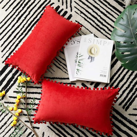 DEZENE Throw Pillow Covers 12x20 Red: 2 Pack Cozy Soft Pom-poms Velvet Rectangular Decorative Pillow Cases for Farmhouse Home Decor