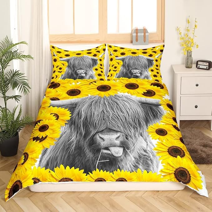 Feelyou Highland Cattle Duvet Cover Set Sunflower Printed Comforter Cover for Kids Adults Cow Bedding Set 1 Duvet Cover & 1 Pillowcase