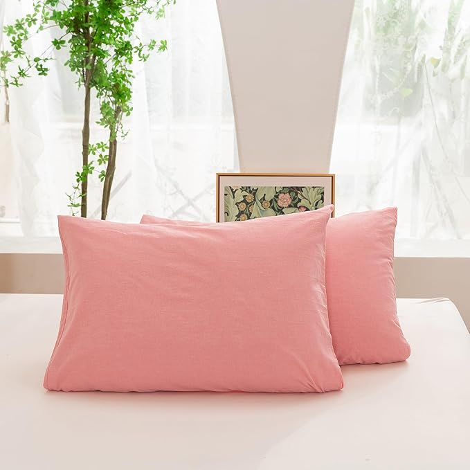 ECOCOTT Pink Duvet Cover Queen Size - Linen Feel Textured Organic Natural 100% Washed Cotton, Soft Breathable 3 Pieces Bedding Set with Zipper Closure